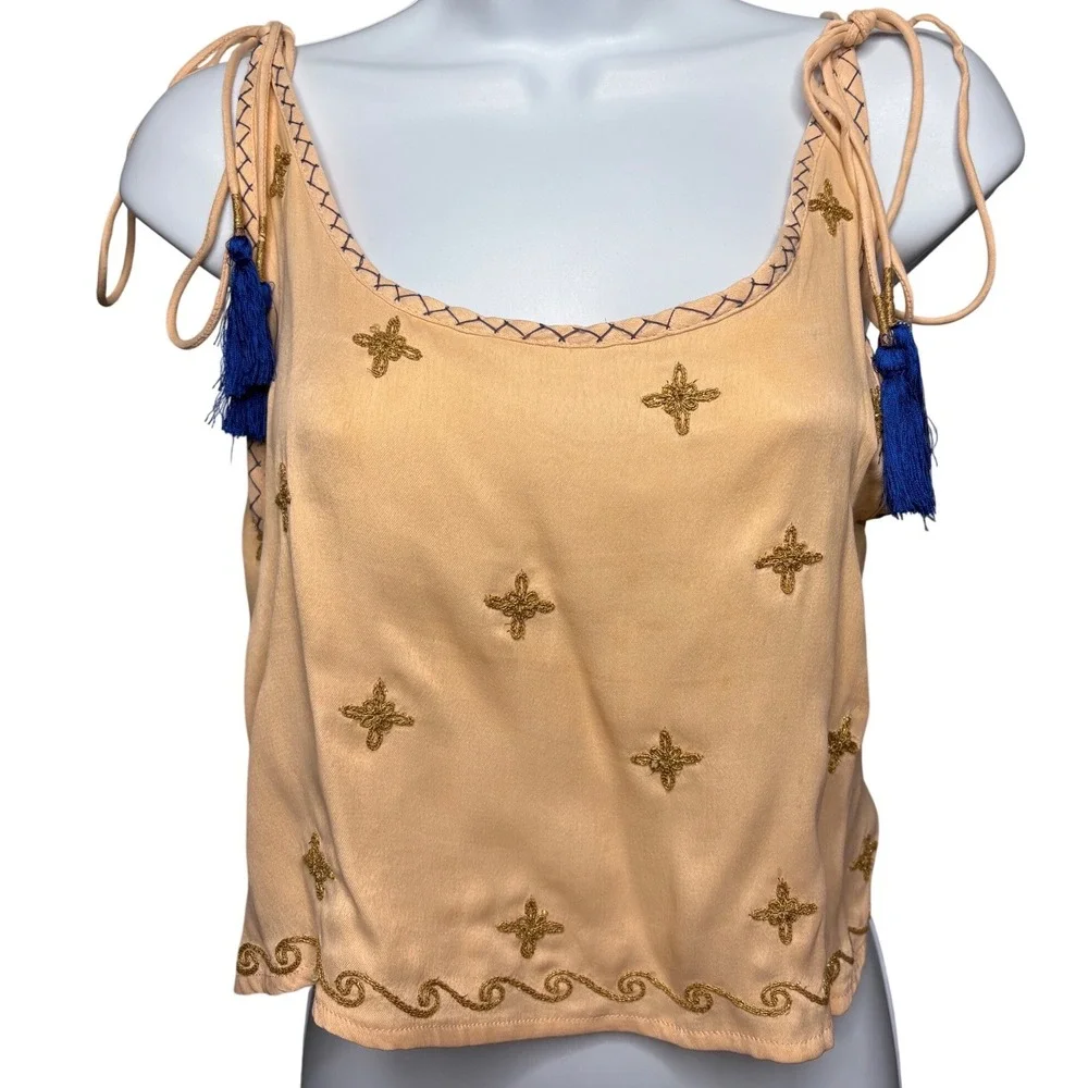 FREE PEOPLE Womens Peach Cami Tassel Embroidered Crop Tank Top Sz S Boho Girly